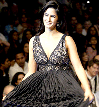 Bollywood actress Katrina Kaif displays a creation by Ashish Soni at the Grand Finale of the Wills Fahion Week