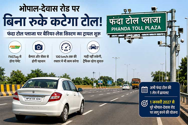 भोपाल-देवास रोड पर अब बिना रुके कटेगा टोल, फंदा प्लाजा पर बैरियर-लेस सिस्टम का ट्रायल